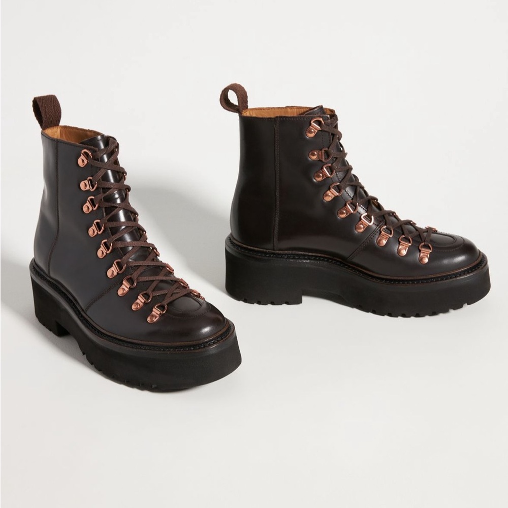 Grenson Nanette Lace Up Boots Brown Leather Rose Gold size 7 or 5.5